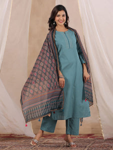 Women Cotton Flex Kurta Set With Chiffon Dupatta