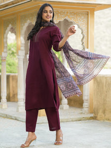 Women Cotton Flex Kurta Set With Chiffon Dupatta