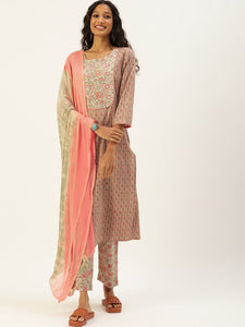 Women Olive Green Ethnic Motifs Printed Sequinned Pure Cotton Kurta with Trousers & With Dupatta