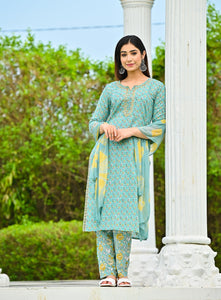 Women Olive Green Ethnic Motifs Printed Sequinned Pure Cotton Kurta with Trousers & With Dupatta