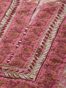 Women Pink Ethnic Motifs Printed Thread Work Pure Cotton Kurta with Trousers & With Dupatta