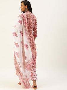 Women Pink Ethnic Motifs Printed Thread Work Pure Cotton Kurta with Trousers & With Dupatta