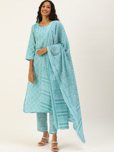 Women Sea Green Ethnic Motifs Printed Mirror Work Pure Cotton Kurta with Trousers & With Dupatta