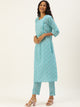 Women Sea Green Ethnic Motifs Printed Mirror Work Pure Cotton Kurta with Trousers & With Dupatta